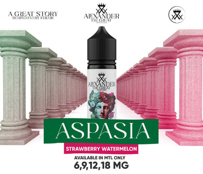 Vape juice bottle with 'Alexander the Great' branding and 'ASPASIA' flavor on a classical architecture-themed background.