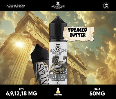 Alexander the Great vape juice bottle with classical architecture in the background