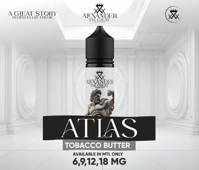 Vape juice bottle with 'Alexander the Great' branding in a classical architectural setting