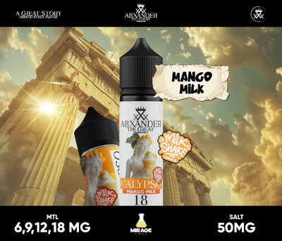 Vape juice bottle with 'Mango Milk' flavor against a classical architecture background