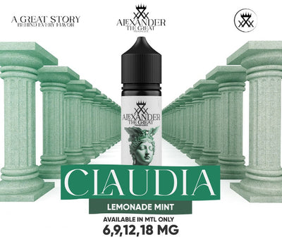 Vape juice bottle with 'Alexander the Great' branding and 'Claudia Lemonade Mint' flavor on a classical architecture-themed background.