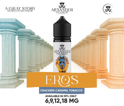 Vape juice bottle with 'Alexander the Great' branding and architectural columns in the background