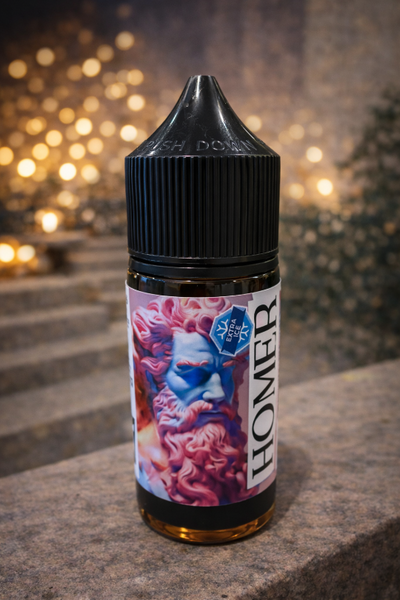 Bottle of Homer vape juice with colorful label on a stone surface with blurred lights in the background