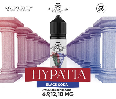 Alexander the Great Hypatia Black Soda e-liquid bottle with classical columns in the background
