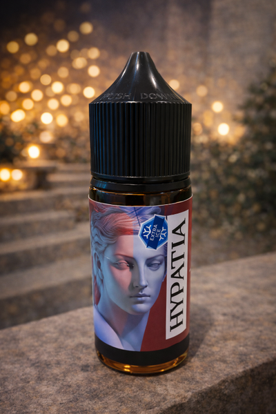Bottle of Hypatia e-liquid with a blurred background