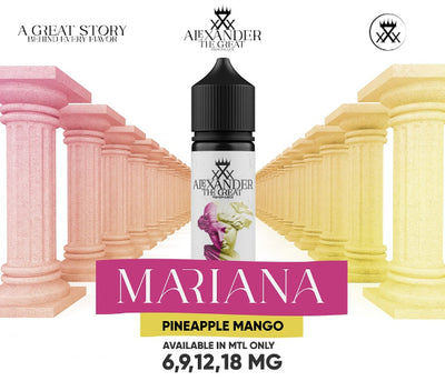 Alexander the Great vape juice bottle with decorative columns in the background