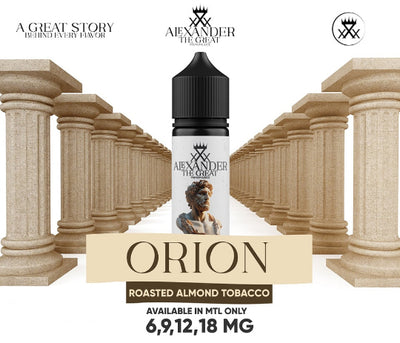 Alexander the Great Orion roasted almond tobacco e-liquid bottle with classical columns in the background