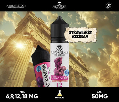 Alexander the Great vape juice bottle with architectural background