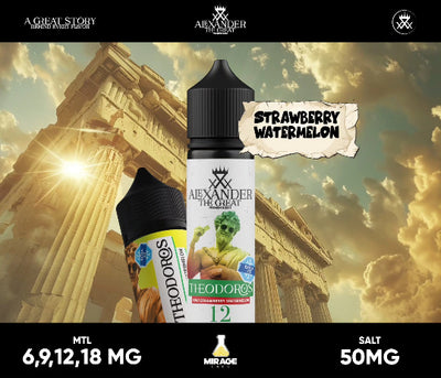 Alexander the Great themed strawberry watermelon vape juice bottle with classical architecture in the background