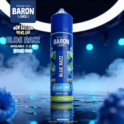 Baron Juice Blue Razz e-liquid bottle with blue and green design on a dark background