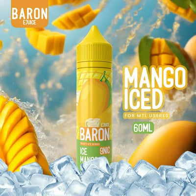 Baron E-Juice Mango Iced vape juice bottle with mango slices and ice cubes on a blue background