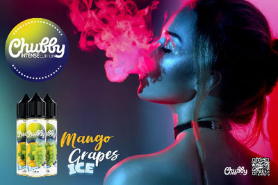 Person exhaling vape smoke with Chubby Chill vape products and 'Mango Grapes Ice' flavor text.