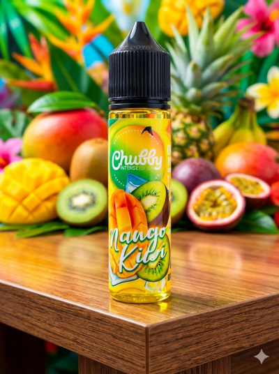 Chubby Gorilla Mango Kiwi vape juice bottle with tropical fruits in the background