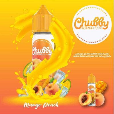 Chubby Mango Peach vape juice bottle with fruit graphics on a vibrant yellow and orange background