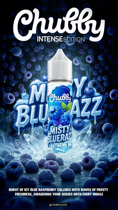 Chubby Juice Misty Blue Raz bottle with blueberries on a dark background