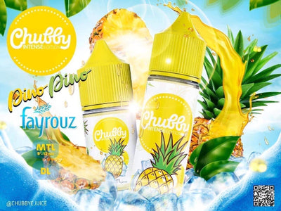 Two bottles of Chubby Juice Pineapple flavor with pineapple slices and leaves on a blue background.