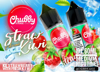 Two bottles of Chubby juice with strawberry and kiwi flavor on a colorful background.