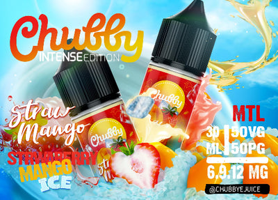 Two bottles of Chubby juice with strawberry mango flavor on a colorful background