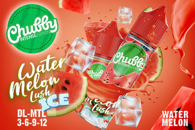 Chubby Watermelon Lush ICE vape juice packaging with watermelon slices and ice cubes on a red background.