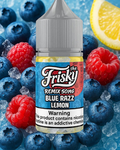 Frisky Remix Song Blue Razz Lemon vape juice bottle surrounded by blueberries and raspberries.