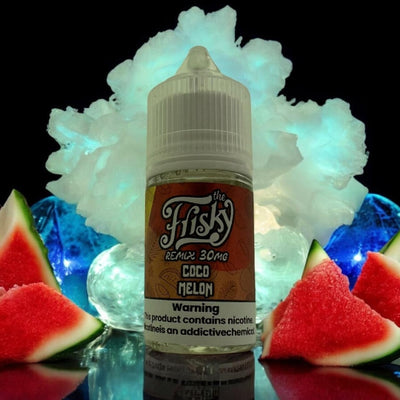 Bottle of 'The Frisky' Coco Melon vape juice with watermelon slices and cloud effects in the background.