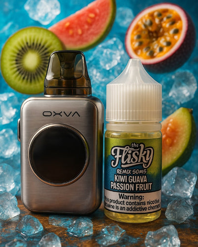 OXVA vaping device and Flisky vape juice bottle with fruit slices in the background