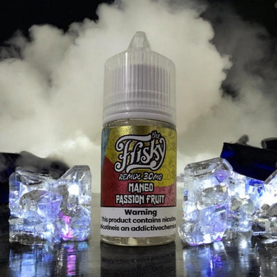 Flisky Mango Passion Fruit vape juice bottle with ice cubes and smoke in the background