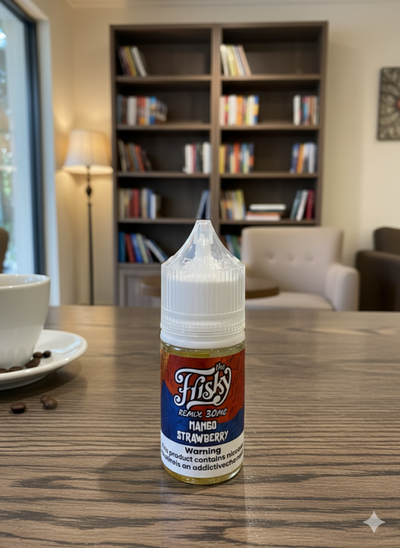 Fist's Nana Strawberry vape juice bottle on a table with a bookshelf in the background