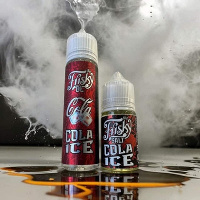Two bottles of Fisks Cola Ice vape juice with smoke in the background