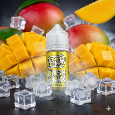 Mango-themed vape juice bottle with mango slices and ice cubes on a dark background
