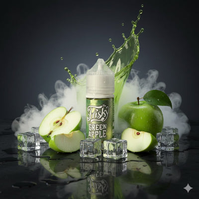 Flasks Green Apple vape juice bottle with green apples and ice cubes on a dark background