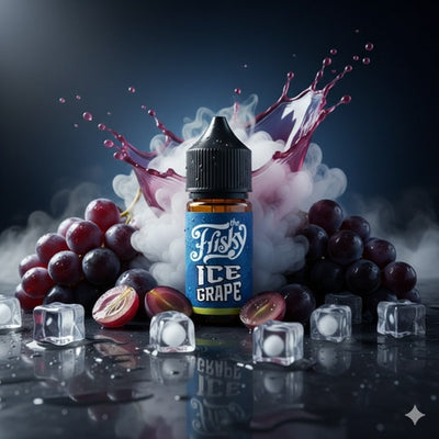 Fisks Ice Grape vape juice bottle with grapes and ice cubes on a dark background