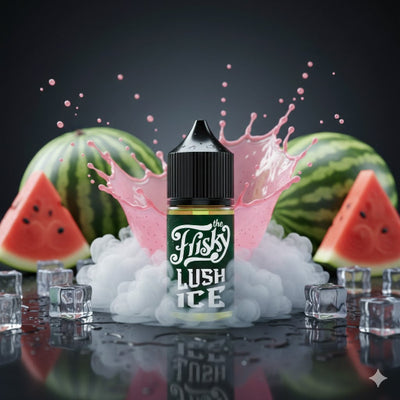 Bottle of Flisky Lush Ice vape juice with watermelons and ice cubes on a dark background