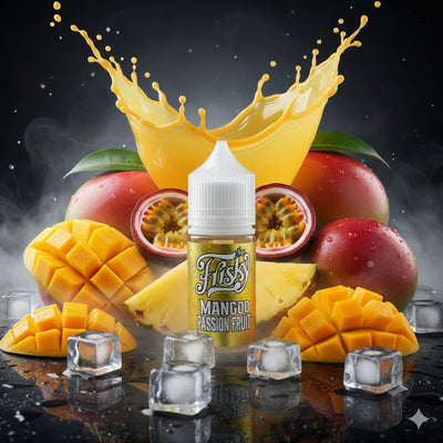 Mango passion fruit vape juice bottle with mangoes, passion fruits, and ice cubes on a dark background