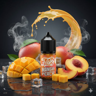 Mango Peach vape juice bottle with mango, peach, and ice cubes on a dark background