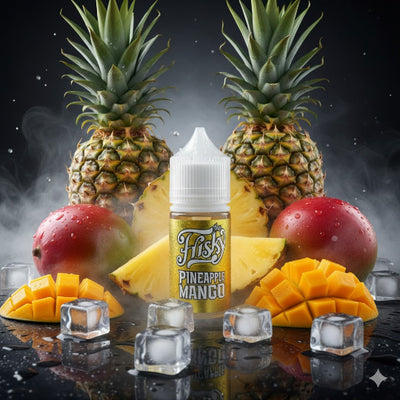 Fruit-themed vape juice bottle with pineapples, mangoes, and ice cubes on a dark background