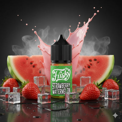 Flasks Strawberry Watermelon vape juice bottle with watermelon slices and strawberries on a dark background