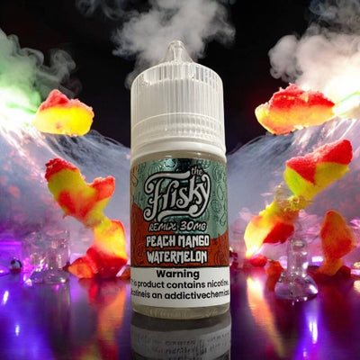 E-liquid bottle with colorful background and smoke effects