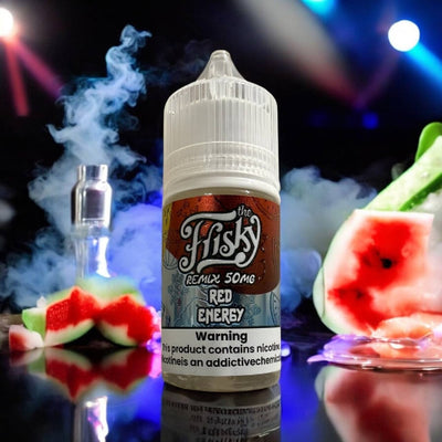 Vape juice bottle with watermelon slices and vape device on a reflective surface with colorful lights in the background