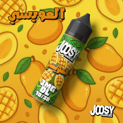 Joosy vape juice bottle on a mango patterned background
