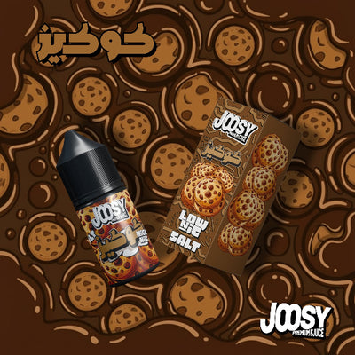 JOOSY vape juice packaging with cookies on a brown background