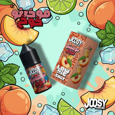 Juicy peach and lime vape juice with 'Juasy' branding on a colorful background