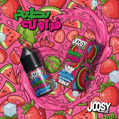 Joosy vape juice bottle and packaging on a colorful fruit-themed background