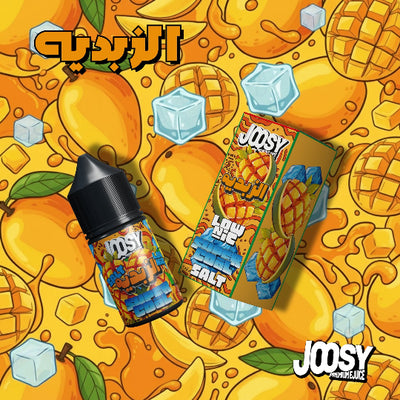 Joosy vape juice bottle and packaging on a mango-themed background