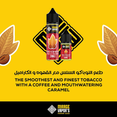 Mirage Vapors vape juice bottles on a yellow background with coffee and caramel elements.
