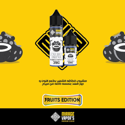 Two vape juice bottles with labels on a yellow background, featuring Mirage Vapors branding.