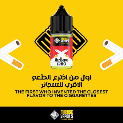 Mirage Vapor's e-liquid bottle with cigarettes on a yellow background