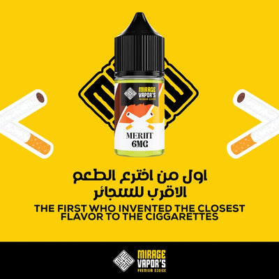 Mirage Vapors vape juice bottle on a yellow background with text and graphics.
