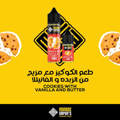 Mirage Vapors Vanilla Skin cookie-themed vape juice bottle on a yellow background with cookies.