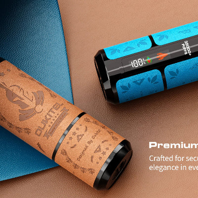 Two cylindrical products with leather finish on a brown background